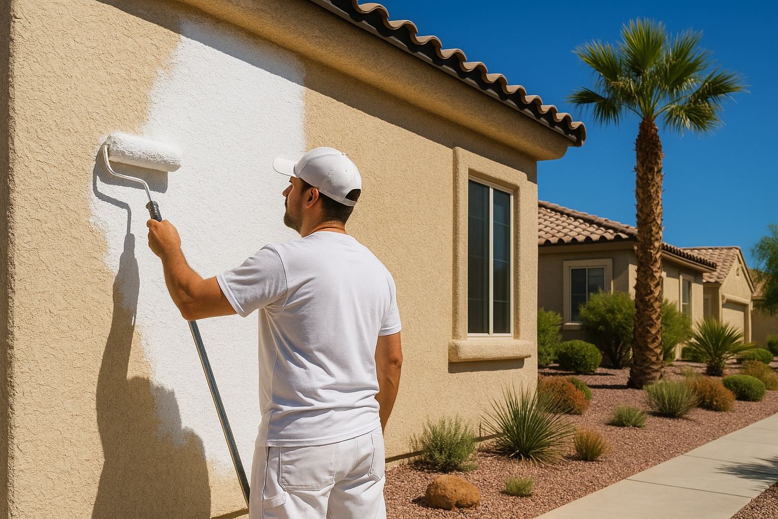 Painter rolling white elastomeric coating onto a sunlit stucco wall of a Henderson, NV desert home